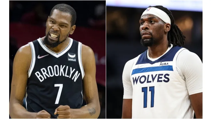Kevin Durant of the Brooklyn Nets (left) and Naz Reid of the Minnesota Timberwolves (right)