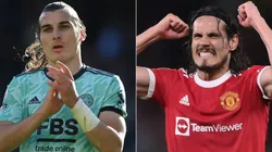 Caglar Soyuncu of Leicester (left) and Edinson Cavani of Manchester United (right)