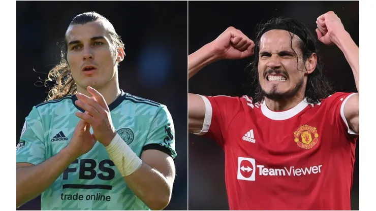 Caglar Soyuncu of Leicester (left) and Edinson Cavani of Manchester United (right)