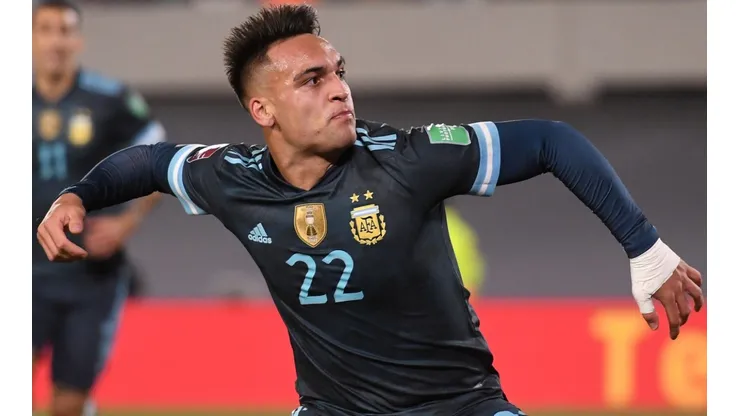 Lautaro Martinez of Argentina celebrates after scoring against Peru.