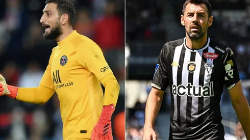 Gianluigi Donnarumma of Paris Saint-Germain (left) and Thomas Mangani of Angers (right)