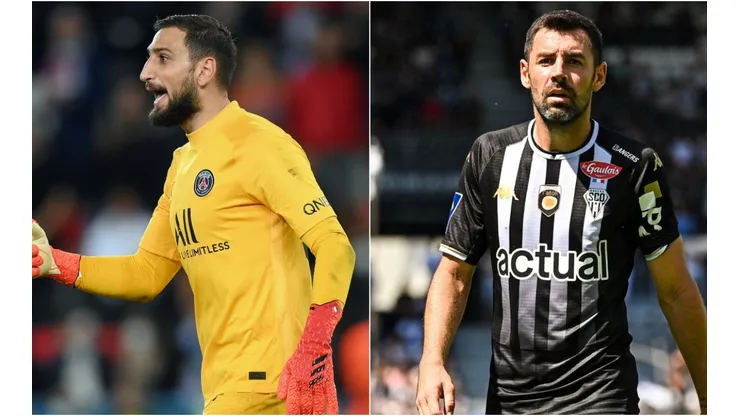 Gianluigi Donnarumma of Paris Saint-Germain (left) and Thomas Mangani of Angers (right)