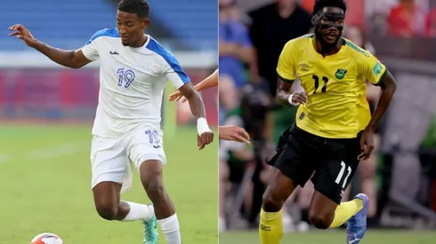 Douglas Martinez of Honduras (left) and Shamar Nicholson of Jamaica