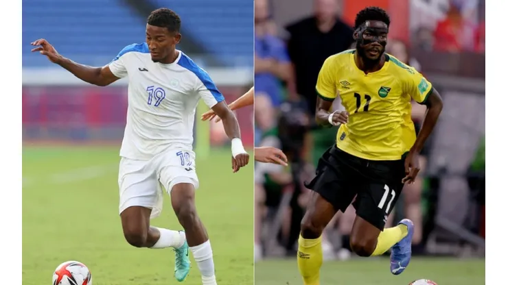 Douglas Martinez of Honduras (left) and Shamar Nicholson of Jamaica