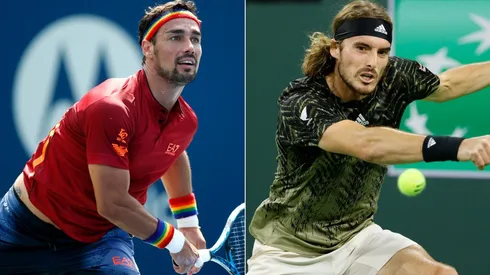 Fabio Fognini of Italy (left) and Stefanos Tsitsipas of Greece