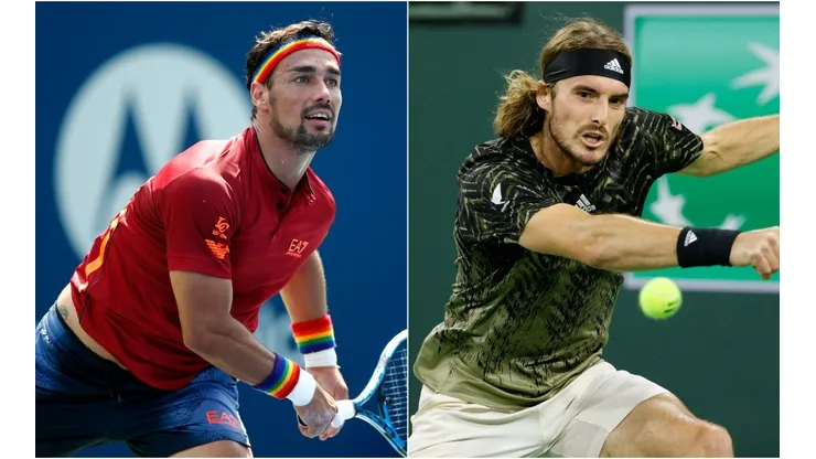 Fabio Fognini of Italy (left) and Stefanos Tsitsipas of Greece