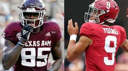 Jalen Wydermyer of the Aggies (left) and Bryce Young of Alabama