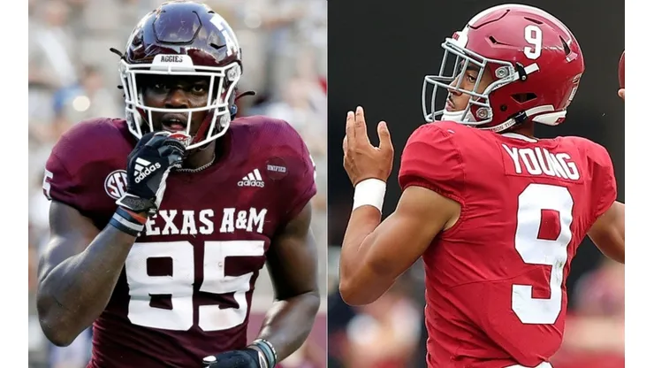 Jalen Wydermyer of the Aggies (left) and Bryce Young of Alabama