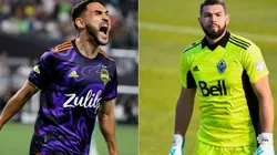 Cristian Roldan of Seattle Sounders (left) and Maxime Crepeau of the Whitecaps