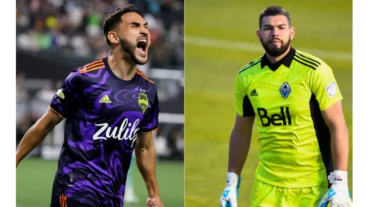 Cristian Roldan of Seattle Sounders (left) and Maxime Crepeau of the Whitecaps