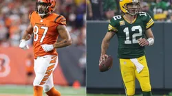 C.J. Uzoman of Bengals (left) and Aaron Rodgers of the Green Bay Packers
