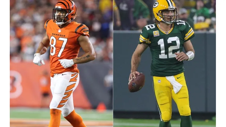 C.J. Uzoman of Bengals (left) and Aaron Rodgers of the Green Bay Packers