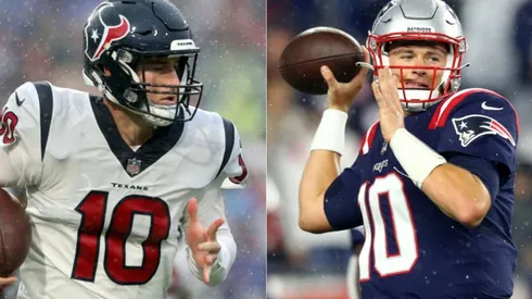 Davis Mills of the Texans (left) and Mac Jones of the Patriots