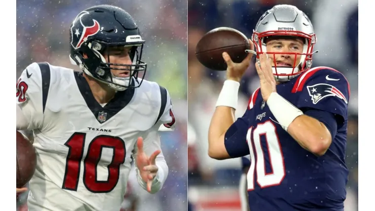 Davis Mills of the Texans (left) and Mac Jones of the Patriots