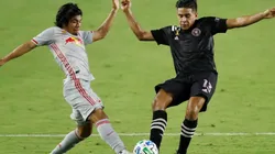 Omir Fernandez of New York Red Bulls (left) fights for ball control against Victor Ulloa of Inter Miami