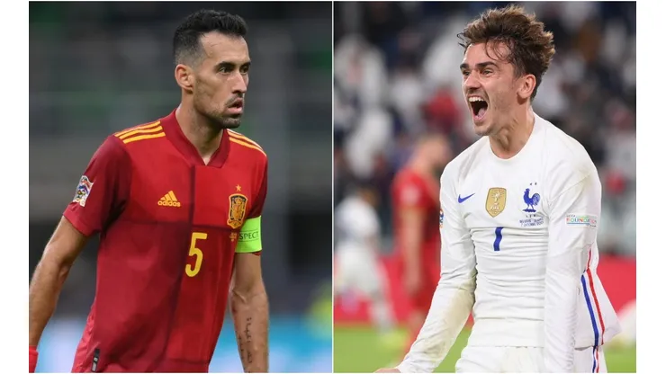 Sergio Busquets of Spain (left) and Antoine Griezmann of France (right)
