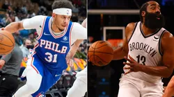 Seth Curry of the Philadelphia 76ers (left) and James Harden of the Brooklyn Nets (right)