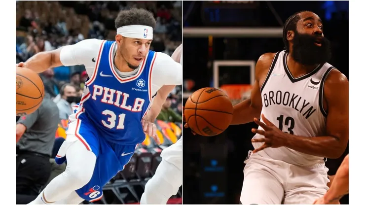 Seth Curry of the Philadelphia 76ers (left) and James Harden of the Brooklyn Nets (right)