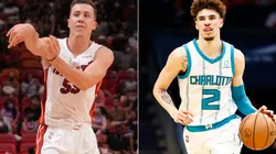 Duncan Robinson of the Miami Heat (left) and LaMelo Ball of the Charlotte Hornets (right)