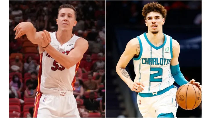 Duncan Robinson of the Miami Heat (left) and LaMelo Ball of the Charlotte Hornets (right)