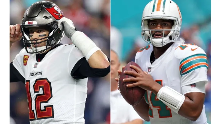 Tom Brady of the Buccaneers (left) and Brissett of the Dolphins