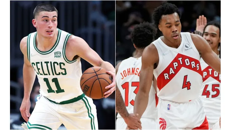 Payton Pritchard of the Boston Celtics (left) and Scottie Barnes of the Toronto Raptors (righy)