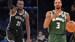Paul Millsap of the Brooklyn Nets (left) and George Hill of the Milwaukee Bucks (right)