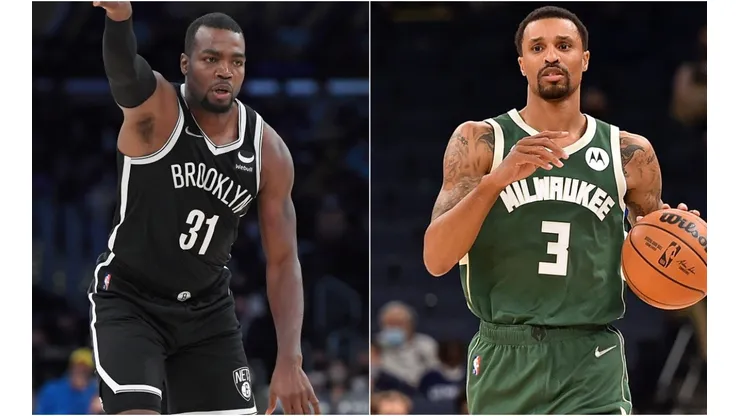 Paul Millsap of the Brooklyn Nets (left) and George Hill of the Milwaukee Bucks (right)