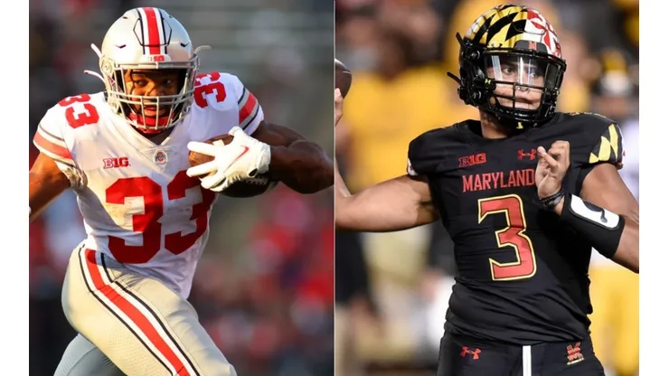 Master Teague III of the Buckeyes (left) and Taulia Tagovailoa of the Terrapins