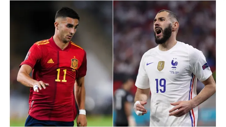 Ferran Torres of Spain and Karim Benzema of France.