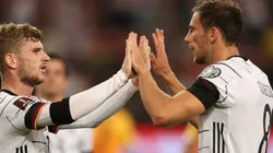 Timo Werner (left) of Germany celebrates with Leon Goretzka (right)