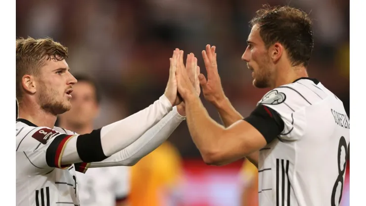 Timo Werner (left) of Germany celebrates with Leon Goretzka (right)