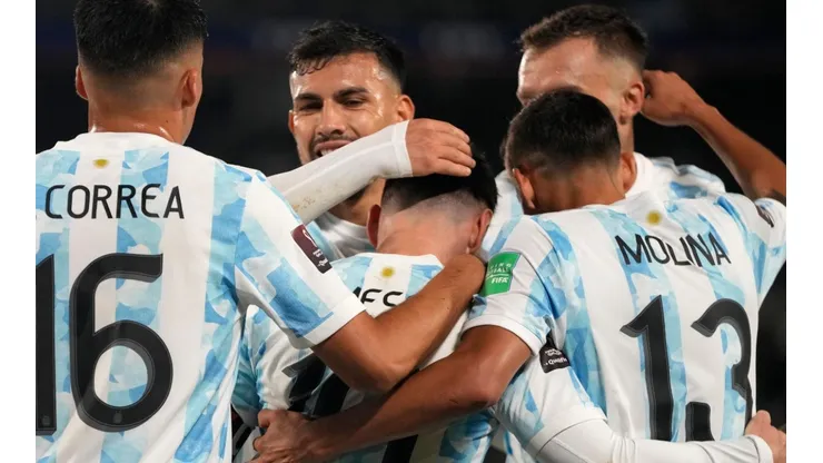 Argentina players celebrate after scoring a goal