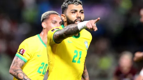 Gabriel Barbosa of Brazil celebrates after scoring against Venezuela.