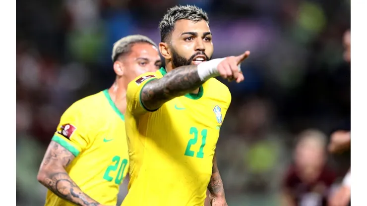 Gabriel Barbosa of Brazil celebrates after scoring against Venezuela.