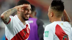 Sergio Peña of Peru celebrates with teammate Christian Cueva.