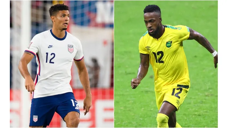 Miles Robinson of the United States (left) and Junior Flemmings of Jamaica