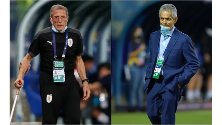 Oscar Washinton Tabarez of Uruguay (left) and Reinaldo Rueda of Colombia