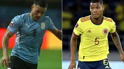 Nahitan Nandez of Uruguay (left) and Wilmar Barros of Colombia