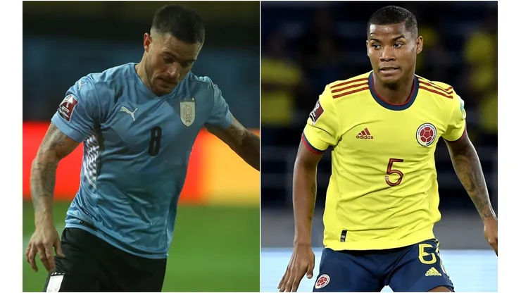Nahitan Nandez of Uruguay (left) and Wilmar Barros of Colombia