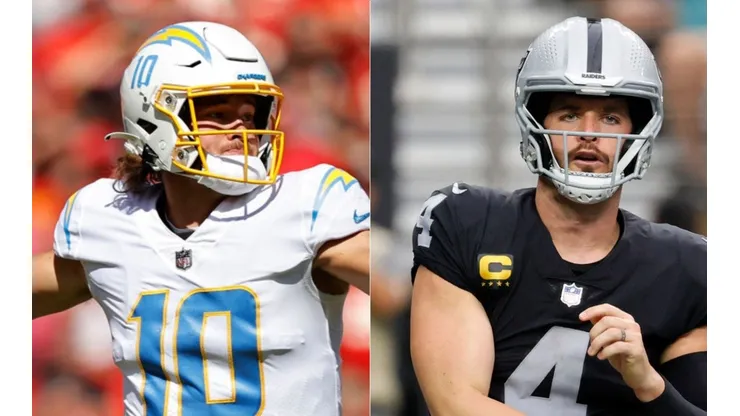 Justin Herbert of the Chargers (left) and Derek Carr of the Raiders