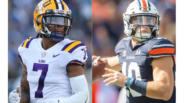 Derek Stingley Jr of LSU (left) and Bo Nix of Auburn