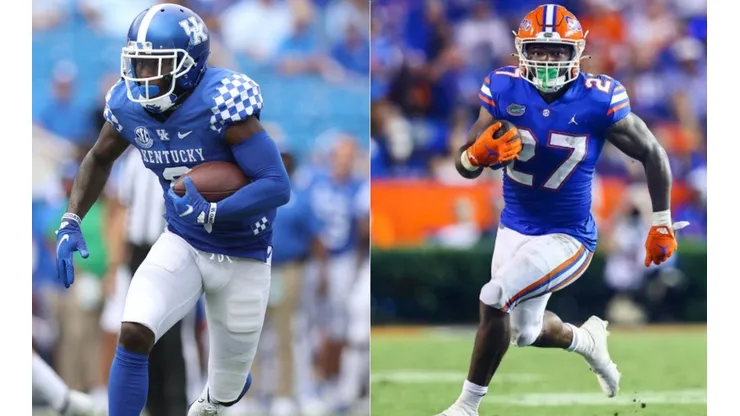 Josh Ali of Kentucky Wildcats (left) and Dameon Pierce of Florida Gators