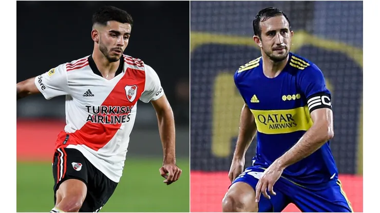 Santiago Simon of River Plate (left) and Carlos Izquierdoz of Boca