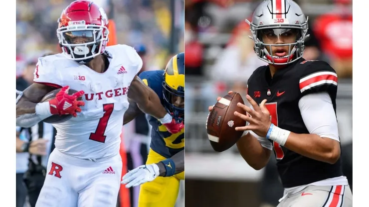 Isaih Pacheco of Rutgers (left) and C.J. Stroud of Ohio State