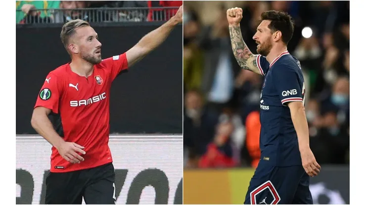 Flavien Tait of Rennes (left) and Lionel Messi of PSG