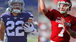 Deuce Vaughn of Kansas State (left) and Spencer Rattler of Oklahoma