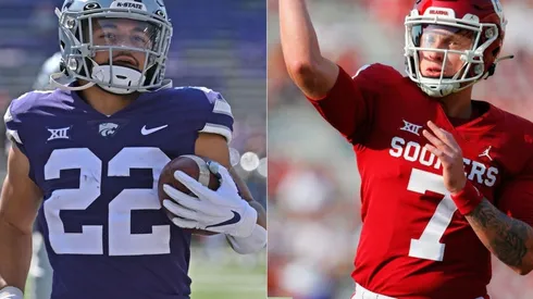 Deuce Vaughn of Kansas State (left) and Spencer Rattler of Oklahoma