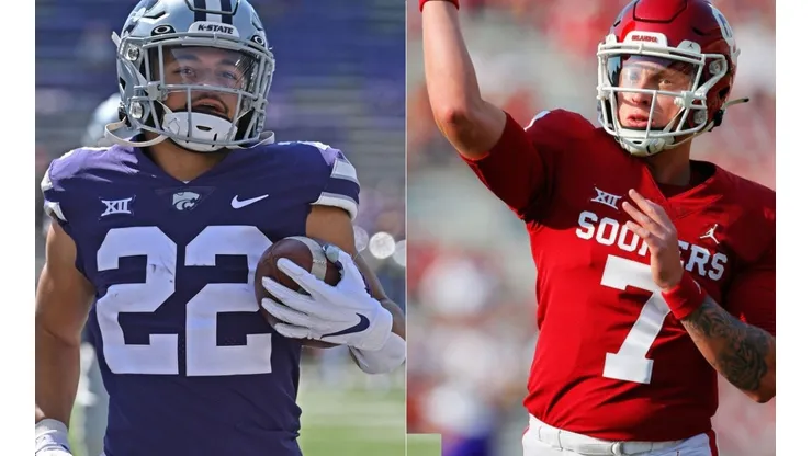 Deuce Vaughn of Kansas State (left) and Spencer Rattler of Oklahoma