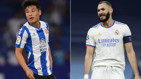 Wu Lei of Espanyol (left) and Karim Benzema of Real Madrid.